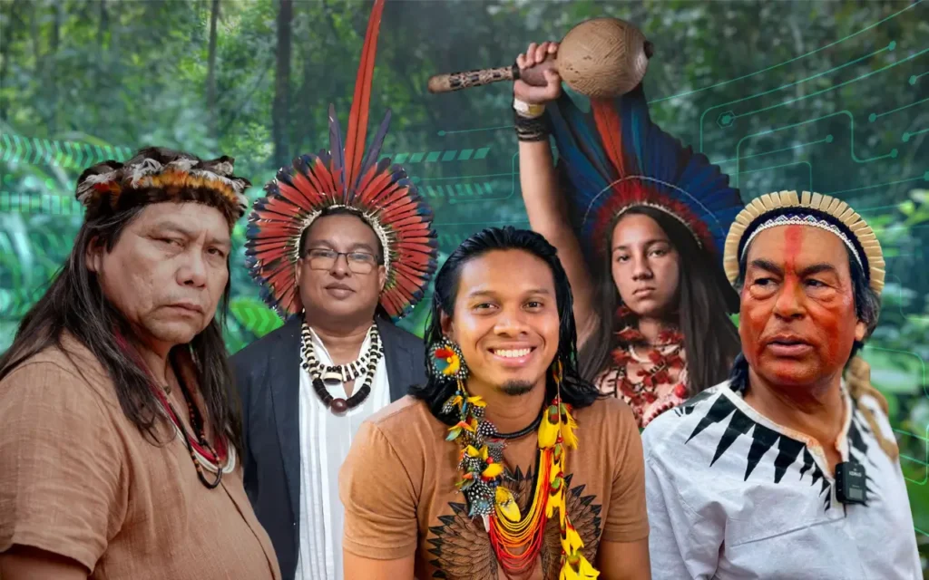  Colagem por C. Barría com imagens de divulgação de Ailton krenak, Anapuaka Tupinambá, Daniel Mundurukú, Samela Sateré Mawé e Tukumã Pataxó. coletadas em redes sociais.