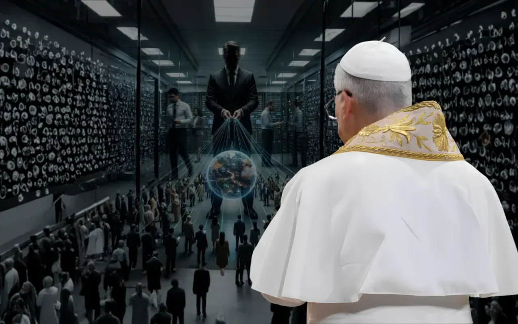 Escravidão 3.0? o alerta global sobre IA e a cultura do poder 5 No Primeiro Plano À Direita A Figura Do Papa De Costas Contempla Uma Imagem Perturbadora. O Controle De Homens De Terno Em Um Datacenter A Várias Pessoas Pelo Mundo Através De Seus Dispositivos (Celulares)