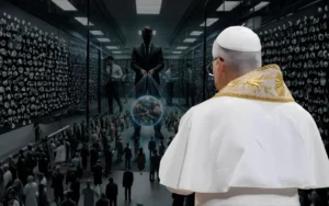 No primeiro plano à direita a figura do Papa de costas contempla uma imagem perturbadora. O controle de homens de terno em um datacenter a várias pessoas pelo mundo através de seus dispositivos (celulares)