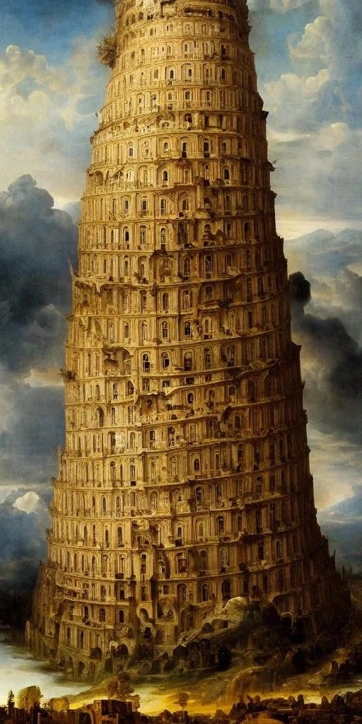 Representação Gráfica Da Torre De Babel, Uma Mega Estrutura Semelhante A Uma Grande Montanha Com Uma Fachada Tomada De Portas E Janelas Em Uma Paisagem Com Um Céu Cheio De Nuvens Ao Fundo